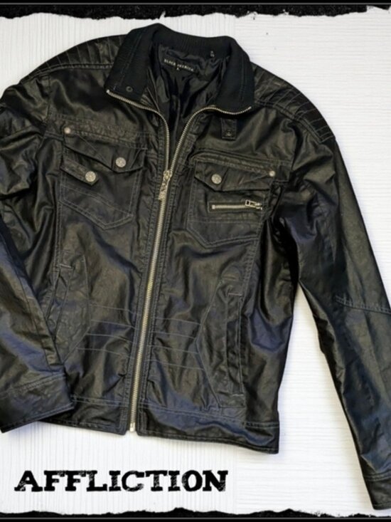 AFFLICTION Black Premium 73 Vegan Leather Zip Up Moto Jacket Zipper Pockets L - Picture 1 of 11